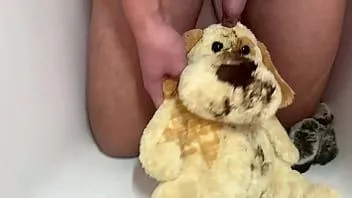 Play Fuck and piss dirty plush dog on chinchilla fur coat fetish